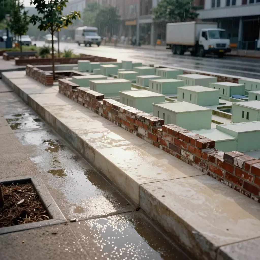 Réaménagement urbain après la pluie, pavés clairs, briques restaurées et maquette de quartier