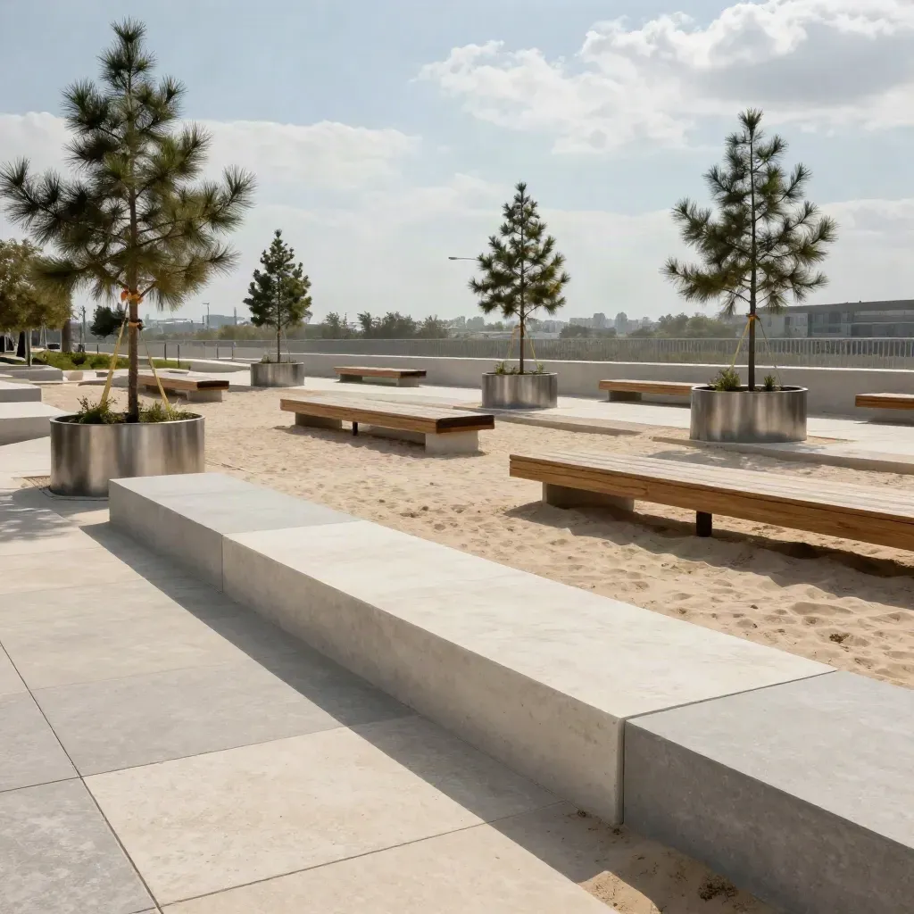 Parvis temporaire en rénovation avec bancs modulaires, dalles et jeunes arbres au vent.