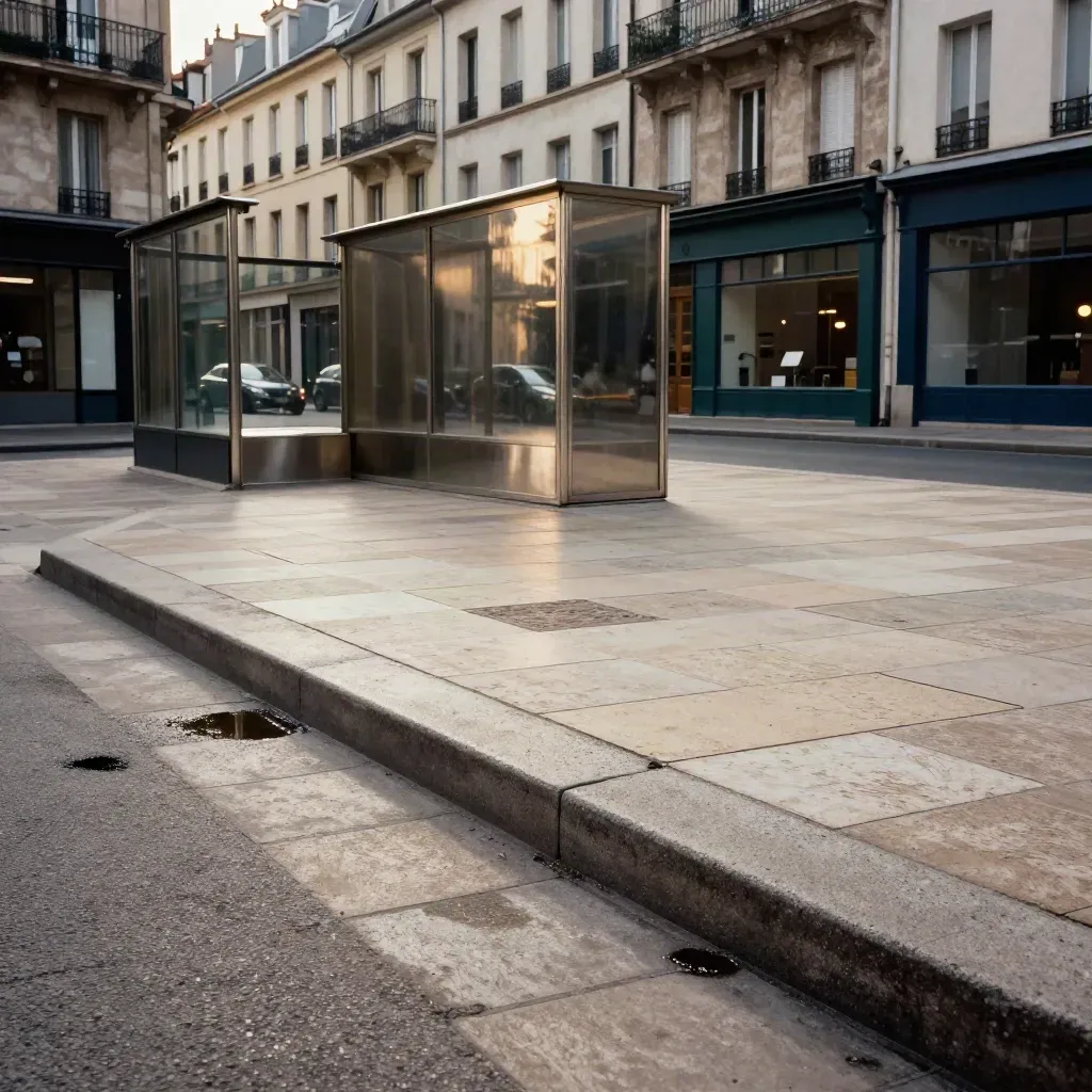 Gros plan d’une rue commerçante humide avec trottoir réparé et façades discontinues au crépuscule.