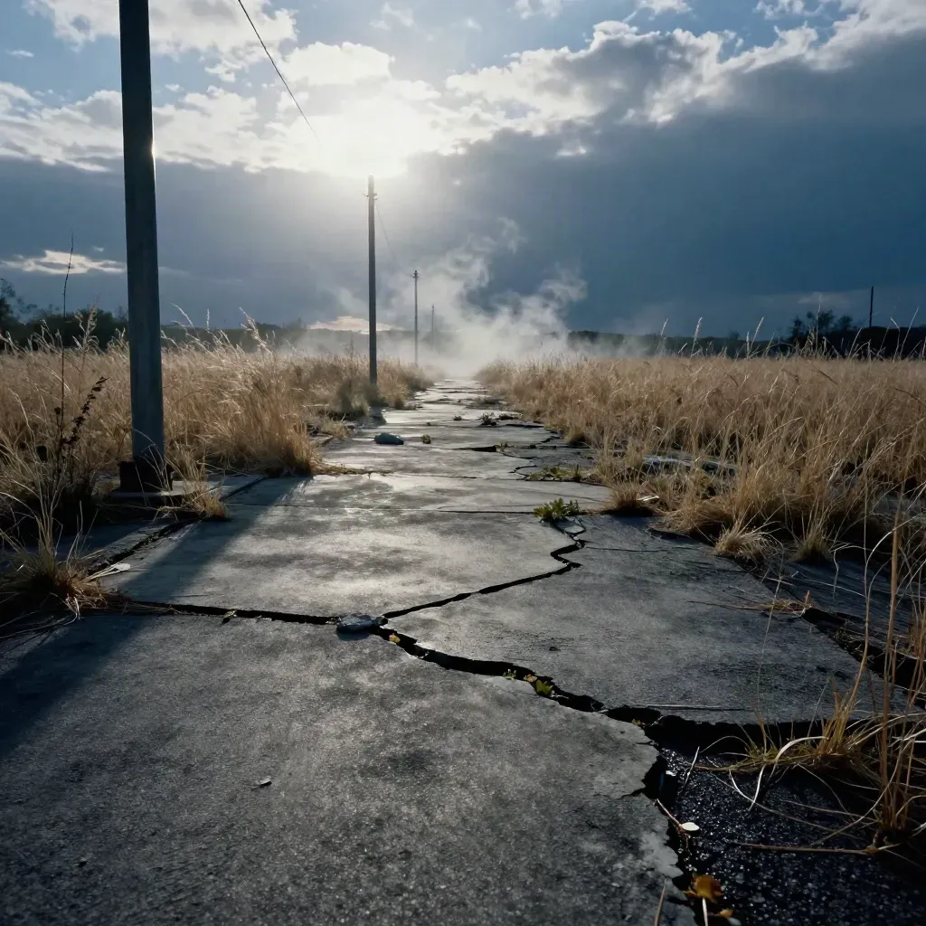 Friche industrielle fissurée, herbes hautes et dalle usée sous une lumière dramatique.