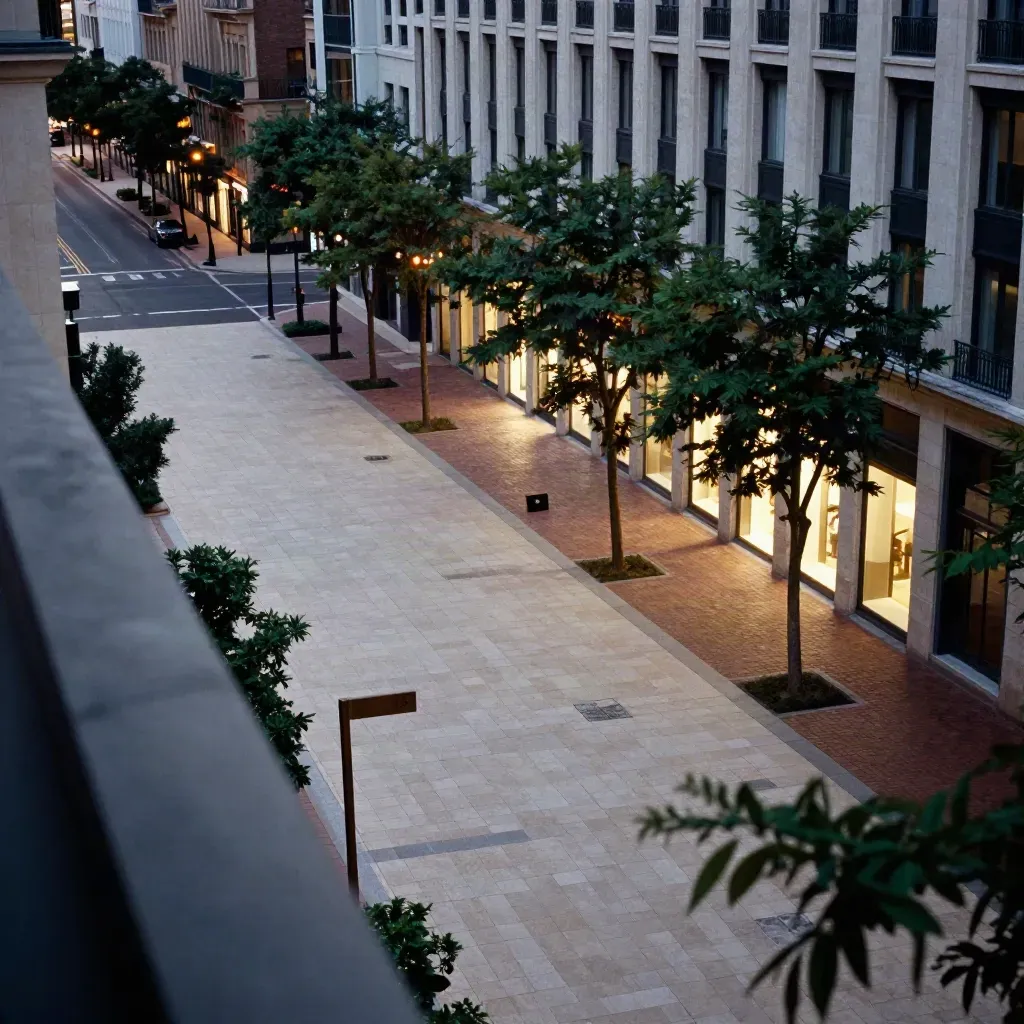 Vue plongeante d’un boulevard urbain bordé d’arbres, façades claires et lumière du soir.