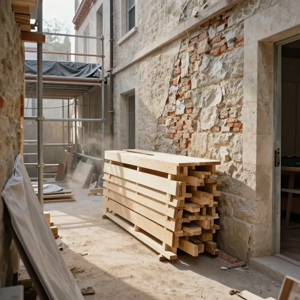 Cour d’îlot en rénovation, échafaudage, bâches relevées, pierre ancienne et bois neuf, ombres longues.
