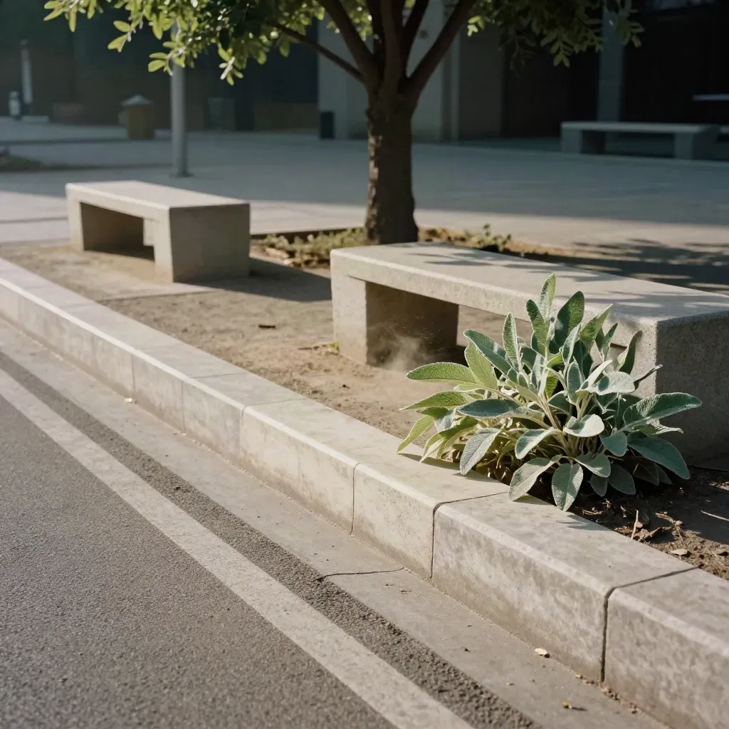 Bordure claire d’une place minérale, arbre isolé et bancs, feuilles agitées par le vent.