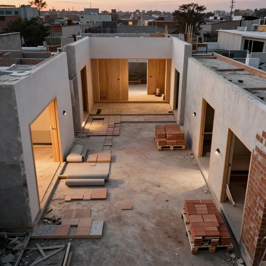 Chantier intérieur de réaménagement en trois états, matériaux rangés et lumière de fin d’après-midi.