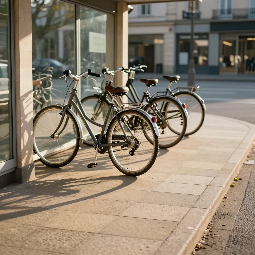 Parvis de gare au matin, vélos, travertin sable et façade vitrée, commerces flous au fond.