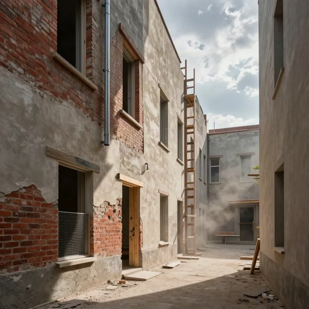 Îlot habité en rénovation, échafaudages partiels et lumière de chantier dans une cour étroite