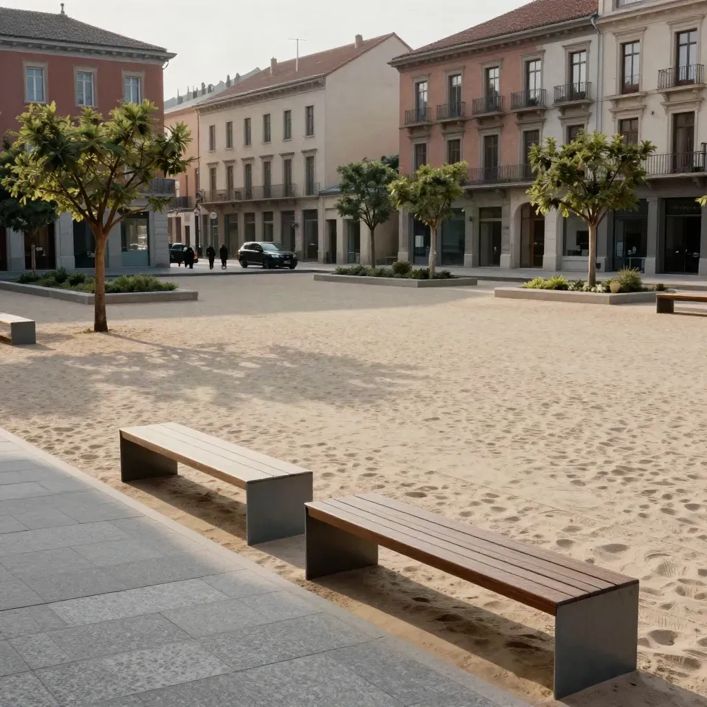 Place centrale minérale avec arbres taillés, bancs simples et façades actives autour.
