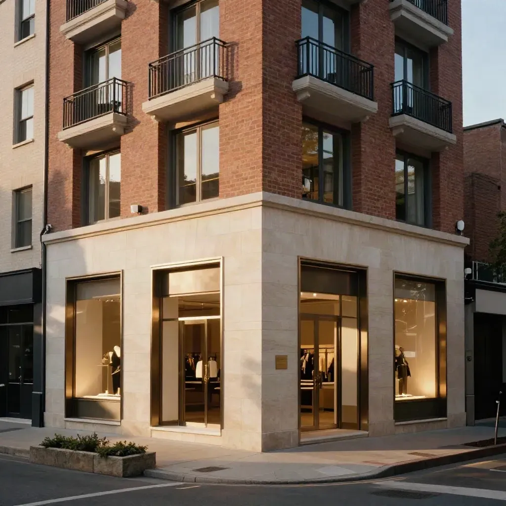 Façade mixte en brique et pierre, commerces au rez-de-chaussée et logements au-dessus.