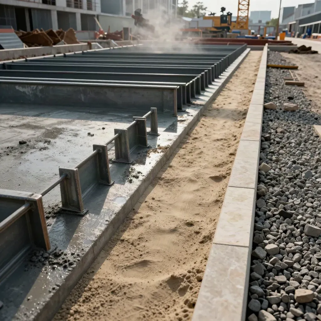 Chantier urbain en coupe, fondations, structures et zone livrée sous brume légère.