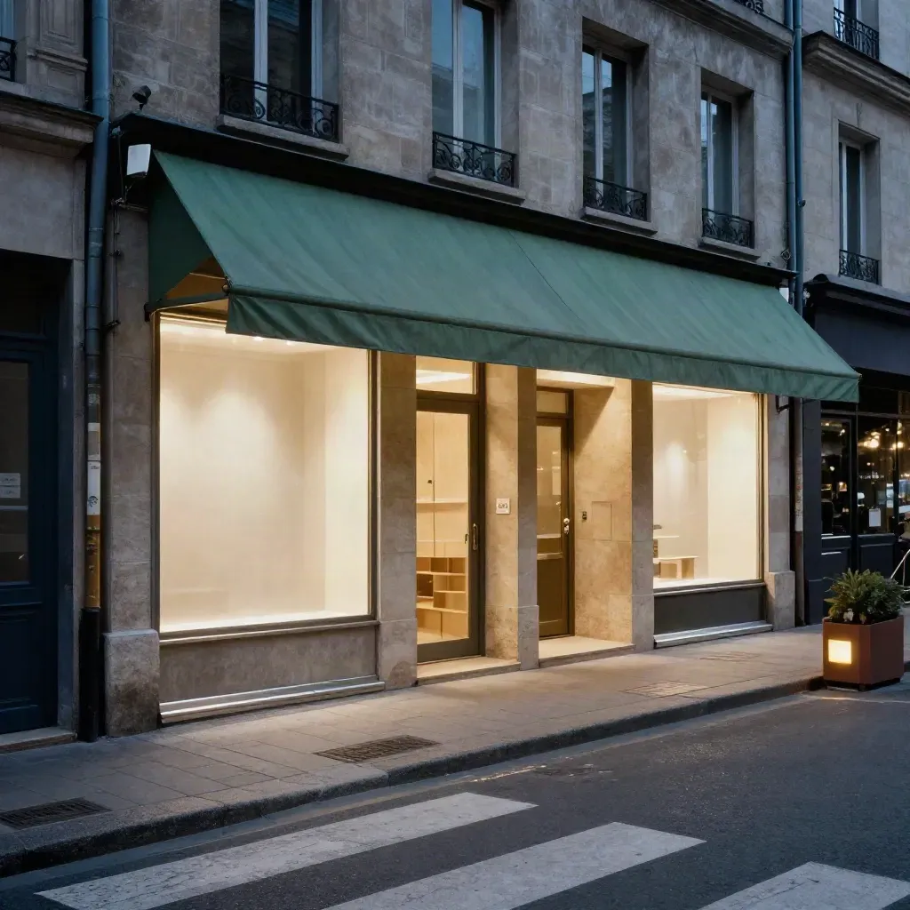 Rue commerçante animée au crépuscule, vitrines et passage piéton.