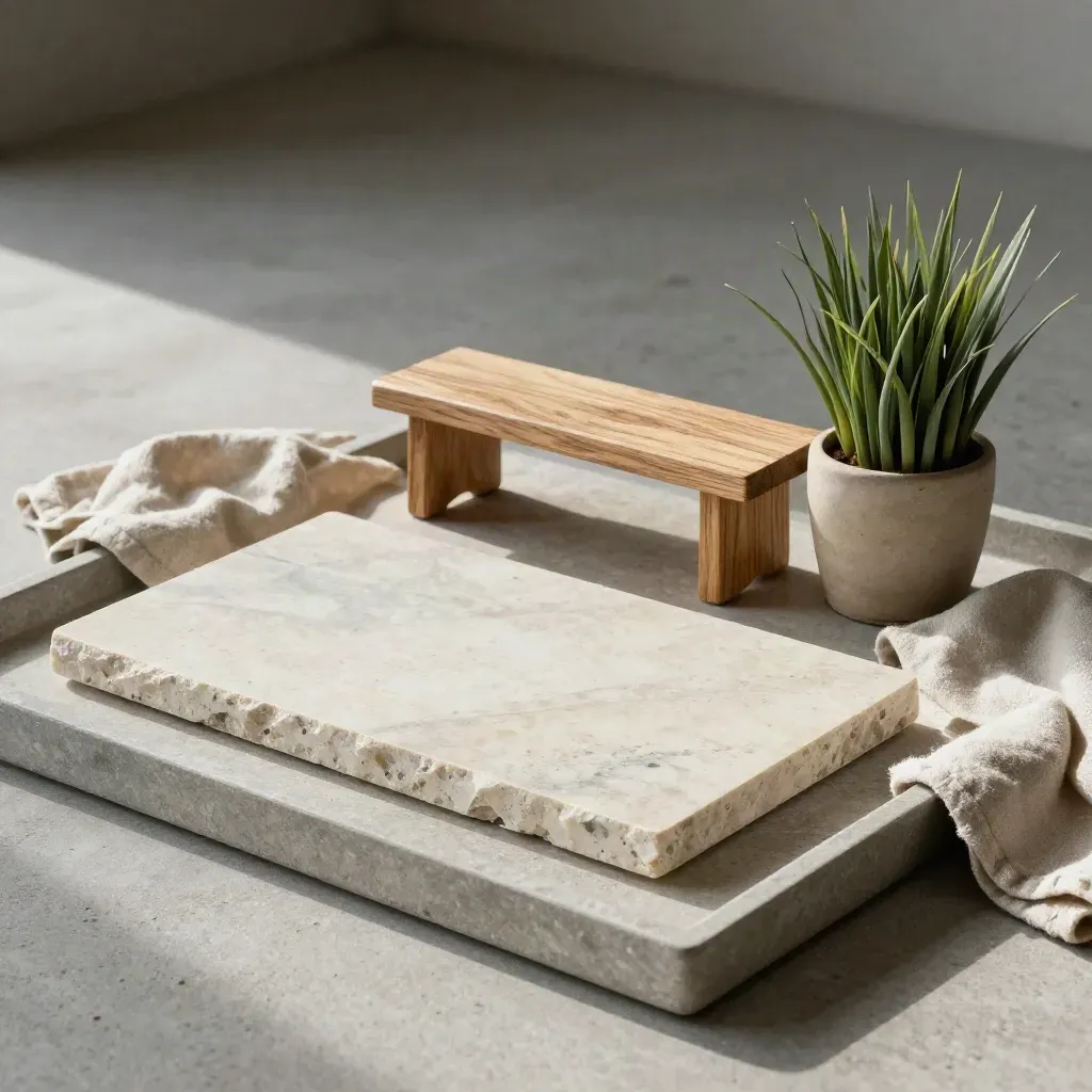 Dalle en pierre, mini banc en bois et graminée sur plateau de pierre, lumière douce.