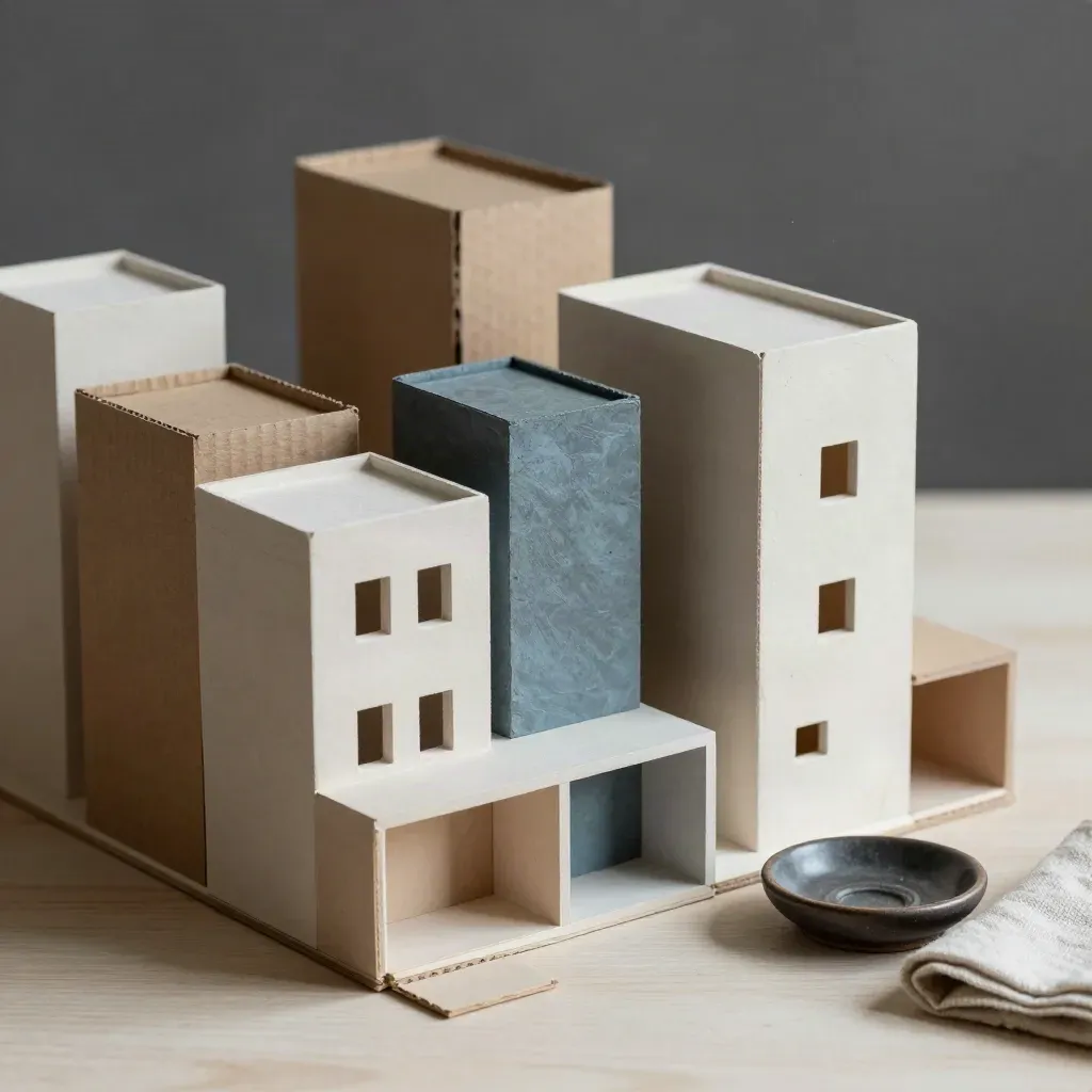 Maquette de quartiers mixtes en carton et plâtre sur bois clair, avec coupelle sombre.