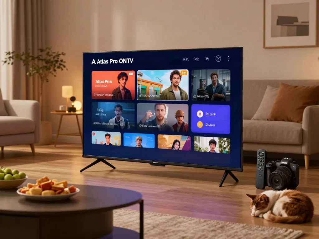 Configuration moderne de télévision connectée à l'application Atlas Pro ONTV dans un salon chaleureux.